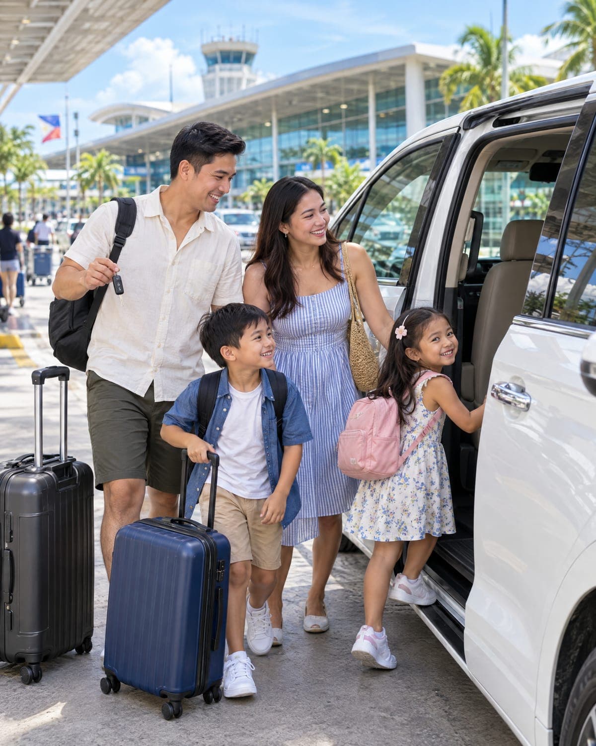 A Filipino family with luggage getting into a rented van at the airport