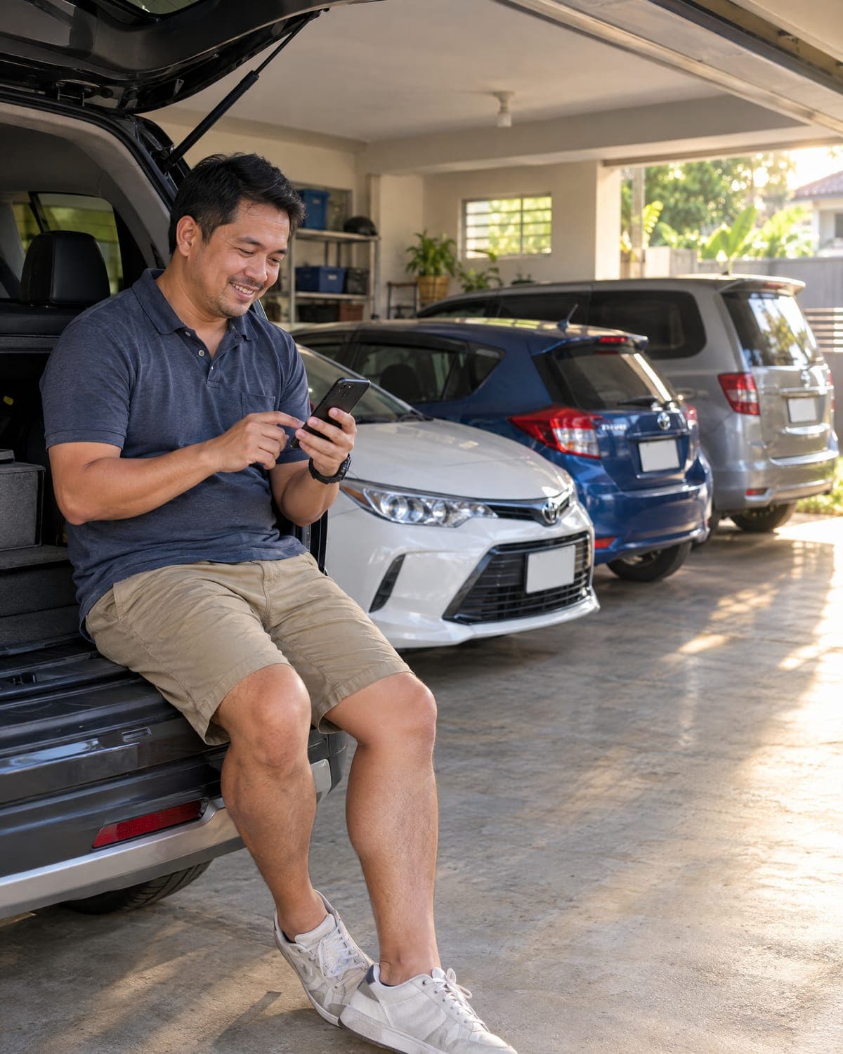A Filipino rental owner smiling at his phone in a garage with his fleet