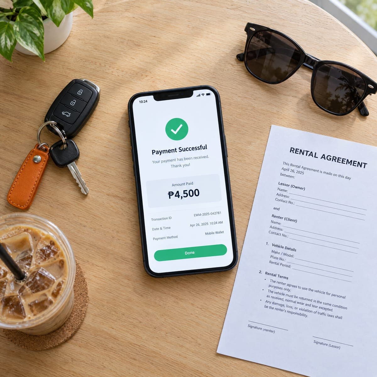 Phone showing a ₱4,500 payment confirmation beside car keys and a rental agreement